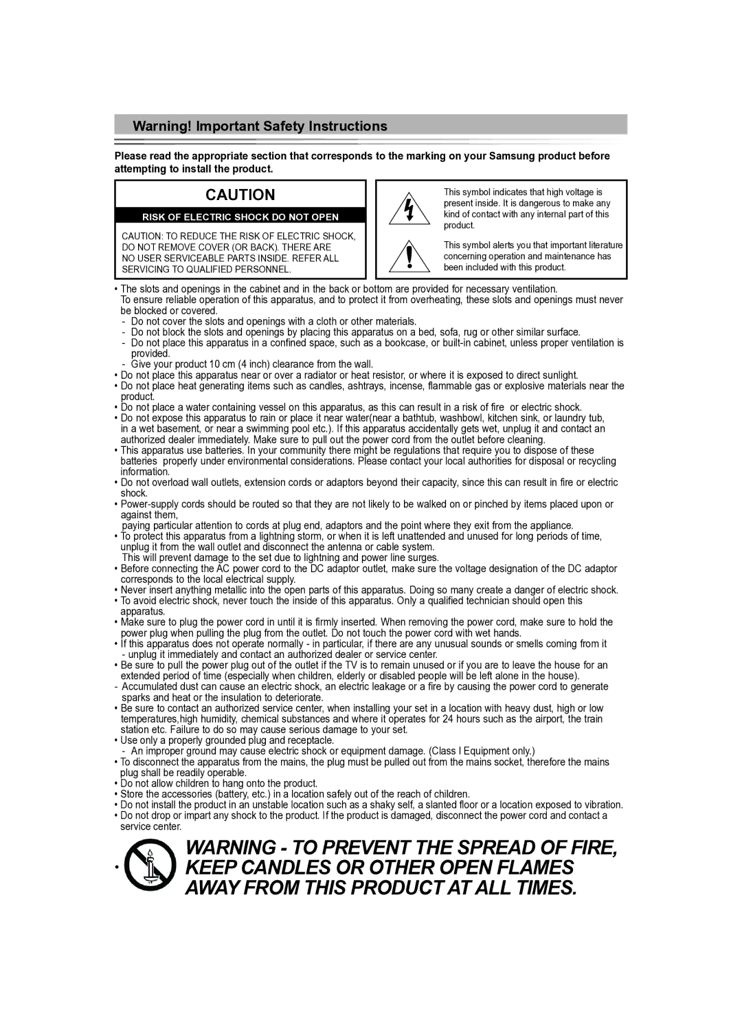 Samsung LE22S8 manual Risk Of Electric Shock Do Not Open 